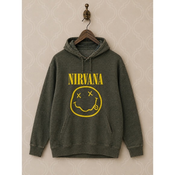 NIRVANA Other - Nirvana Hoodie Iconic Yellow Smiley Face Logo Charcoal Grey Kids L Adult S
